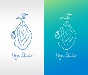 Women in the bow pose – dhanurasana. Logo for yoga studio in linear style. Editable stroke