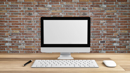Computer screen white With a keyboard and a pen and a mouse on a wooden table with a brick patterned flap background. 3d render of workspace mockup