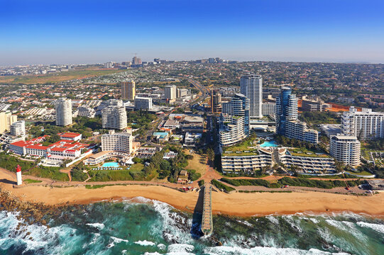Durban, Kwa-Zulu Natal / South Africa - 07/23/2019: Aerial photo of Umhlanga Lighthouse and Beachfront