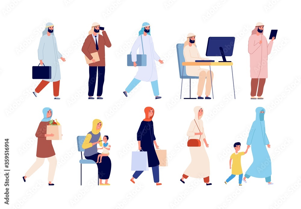 Poster Arab characters. Saudi business people, muslim woman man group. Isolated islam person wears traditional arabian clothing vector illustration. Family arab character, business father and woman child