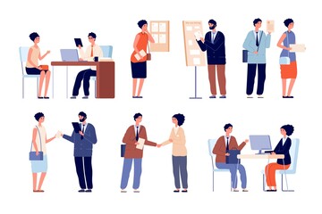 Hr employer interview. Business team and office worker. Seekers with cv application and recruitment service. Lawyer consultation vector set. Job career interview, employer and employee illustration