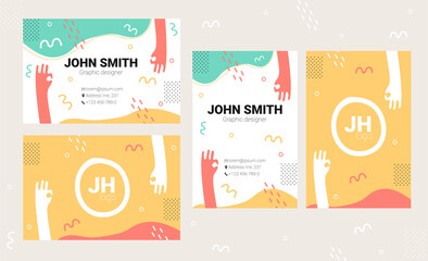 Colorful, eye catching business name card design. Different hand drawn shapes, lines and hands. Unusual, creative business card design template. Horizontal and vertical card variations. Bright colors