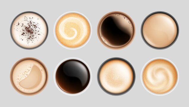Realistic coffee cup. Top view hot latte cappuccino espresso, isolated breakfast beverages. Milk froth drinks in mugs vector illustration. Cappuccino and latte, beverage espresso, breakfast drink
