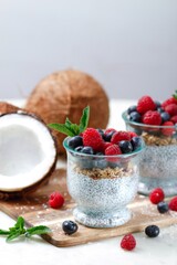  Chia pudding with fresh berries , Two chia pudding in glass