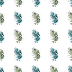 Floral seamless pattern, green palm leaves on a pale pink background.