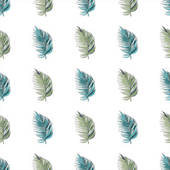 Floral seamless pattern, green palm leaves on a pale pink background.