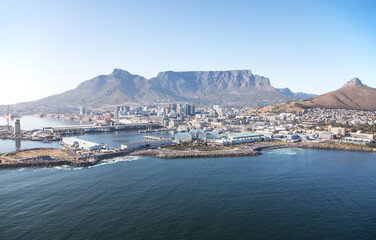 Cape Town, Western Cape / South Africa - 01/28/2020: Aerial photo of Table Bay Hotel and V&A Waterfront