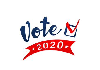 Vote 2020 in USA. Political election campaign. Digital drawn calligraphic lettering witn checkmark and red banner with stars isolated on white.