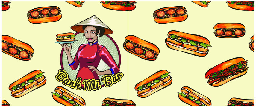 Takeaway banh mi seamless pattern background. Vietnamese style of sandwich. Hand drawn Asian food, Vietnamese street food background. Great for wallpaper, menu design. the background for the design of