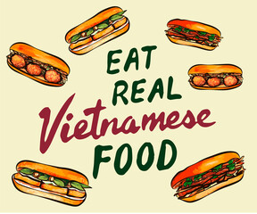 Banh Mi is Vietnam's baguette sandwich with greens and fillings of choice like Meatball or Tofu of one's options. Top View or Flat Lay style image. Editable Clip Art.
