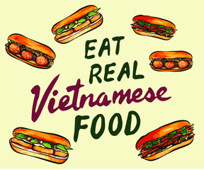 Banh Mi is Vietnam's baguette sandwich with greens and fillings of choice like Meatball or Tofu of one's options. Top View or Flat Lay style image. Editable Clip Art.