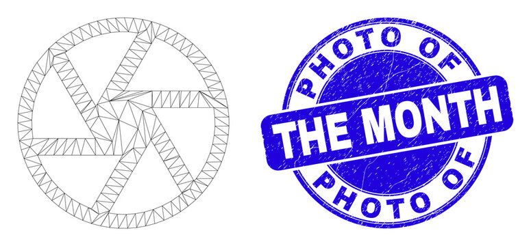 Web mesh shutter icon and Photo Of The Month seal stamp. Blue vector round textured seal stamp with Photo Of The Month caption. Abstract carcass mesh polygonal model created from shutter icon.