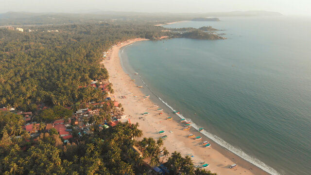 Beautiful Palolem beach aerial view landscape. Goa state in India.