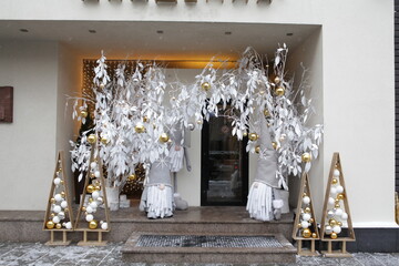 New Year's, Christmas decoration of Academia restaurant facade on Patriarch Ponds in Moscow city,...