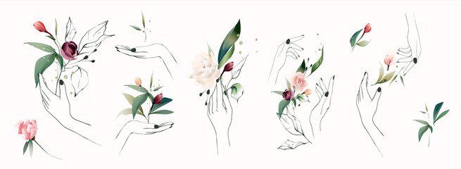 floral branch in hand. Flower peonies, green leaves. invite concept with flowers and line art. Vector arrangements for greeting card or invitation design