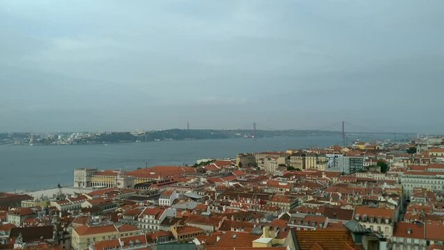 View over the Tagus river, the 25 april bridge and Lisbon, Portugal