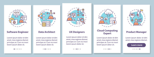 Professional programmer onboarding mobile app page screen with concepts. Work in IT department walkthrough 5 steps graphic instructions. UI vector template with RGB color illustrations
