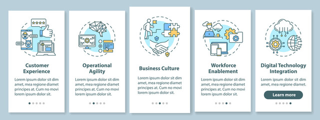 Customer experience improvement onboarding mobile app page screen with concepts. Business strategies walkthrough 5 steps graphic instructions. UI vector template with RGB color illustrations