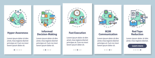 Business agility onboarding mobile app page screen with concepts. M2M connection. Company improvement walkthrough 5 steps graphic instructions. UI vector template with RGB color illustrations