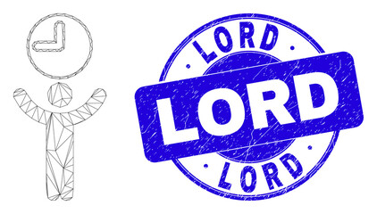 Web carcass time manager pictogram and Lord seal stamp. Blue vector round textured seal stamp with Lord message. Abstract carcass mesh polygonal model created from time manager pictogram.