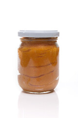 Nutrition concept - Healthy meals in glass jars over white background. Healthy take-away lunch jar. 