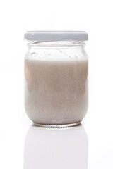 Nutrition concept - Healthy meals in glass jars over white background. Healthy take-away lunch jar. 