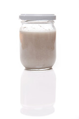 Nutrition concept - Healthy meals in glass jars over white background. Healthy take-away lunch jar. 