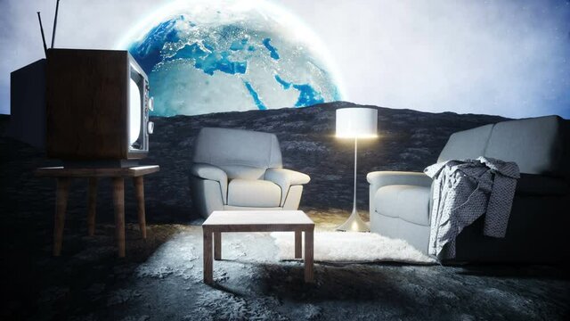 Living room on the moon. Live on the moon concept. Earth background. 3d rendering.