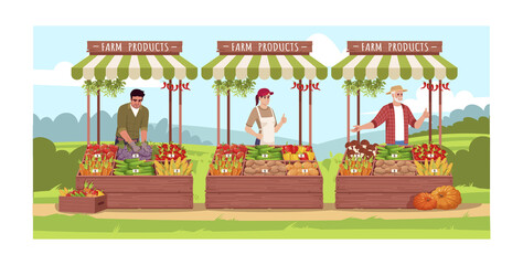 Farmers sell vegetarian products semi flat vector illustration. County fair counter row with food. Local production of fresh vegetables. Business owners 2D cartoon characters for commercial use