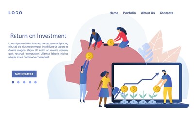 Return on Investment concept with people filling a piggy bank with gold coins and a couple watering a money plant garden on the screen of a laptop, colored vector illustration
