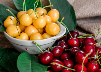 White plate with ripe yellow and red cherries. Fresh sweet cherry with leaves. Closeup of fresh ripe sweet yellow and red cherries. Wood background