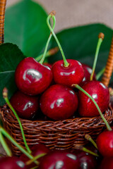 Background of red ripe cherries. Sweet ripe berry. View from above. Close-up