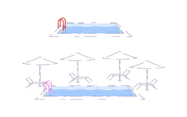 Swimming pool semi flat RGB color vector illustrations set. Summer party, recreation at luxury hotel. Water pool, umbrellas and deck chairs isolated cartoon objects pack on white background