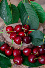 Background of red ripe cherries. Sweet ripe berry. View from above. Close-up