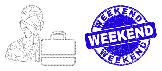 Web mesh user case pictogram and Weekend watermark. Blue vector round grunge watermark with Weekend text. Abstract carcass mesh polygonal model created from user case pictogram.