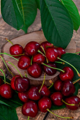 Background of red ripe cherries. Sweet ripe berry. View from above. Close-up