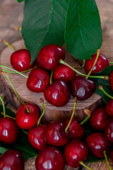 Background of red ripe cherries. Sweet ripe berry. View from above. Close-up