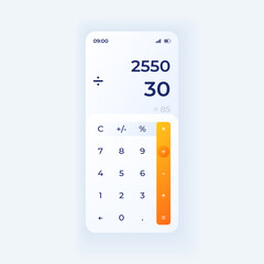Calculator app smartphone interface vector template. Mobile app page day mode design layout. Mathematical calculations screen. Flat UI for application. Numbers and symbols on phone display