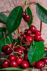 Background of red ripe cherries. Sweet ripe berry. View from above. Close-up