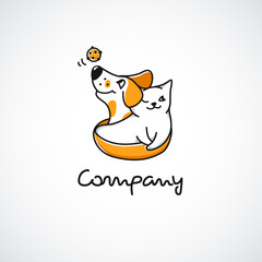 Logo with smiling cartoon cat and dog. Logotype for pet shop, animal shelter or veterinary. Happy mascots or cute characters with ball toy. Editable stroke. Vector illustration