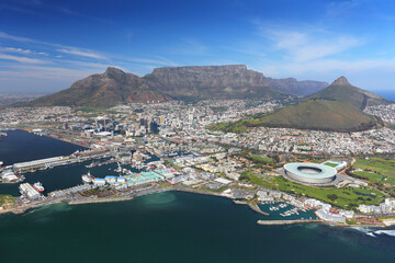 Cape Town, Western Cape / South Africa - 09/04/2017: Aerial photo of Sea Point and Cape Town Stadium with Table Mountain in the background