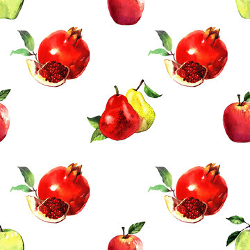 Watercolor and seamless pattern illustration with apples pears strawberies and pomegranates isolated on white background