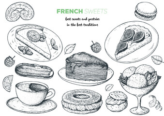 French desserts set with lemon pie, eclair, paris brest, faux crepe cake, fig pie, macaron, palmier. French cuisine top view frame. Food menu design template. Hand drawn sketch vector illustration.