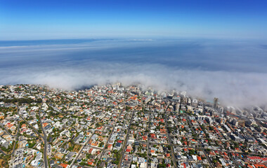 Cape Town, Western Cape / South Africa - 10/25/2018: Aerial photo of fog covering Sea Point