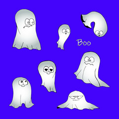 Set with ghost family with eyes on a violet background. Funny cartoon characters for Halloween in different poses. Hand drawing. Doodle style. Characters for children.