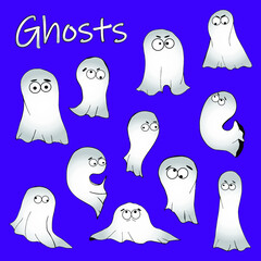 Set with elements for Halloween on a violet background. Funny cartoon ghosts with eyes in different poses. Hand drawing. Doodle style. Characters for children.
