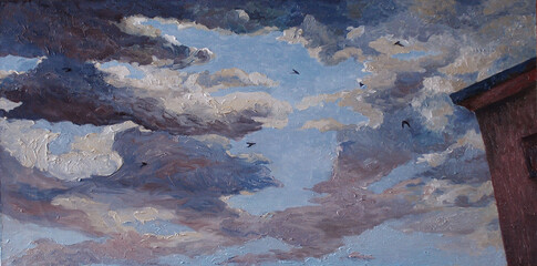 cloudy sky oil painting, swallows in the sky