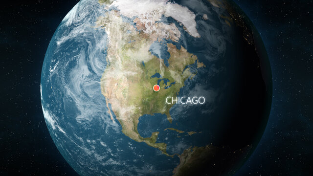 3D illustration depicting the location of Chicago, Illinois in the United States of America, on a globe seen from space. © Colin Cramm