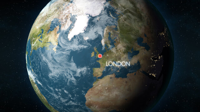 3D illustration depicting the location of London, United Kingdom on a globe seen from space.