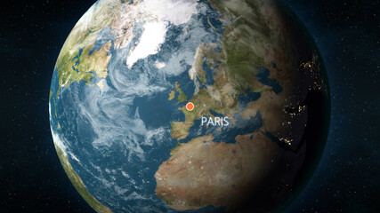 3D illustration depicting the location of Paris, France on a globe seen from space.